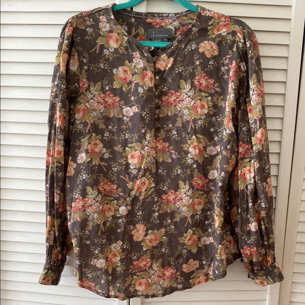 Sundance Brown and Orange Buttoned Blouse with Mandarin Collar